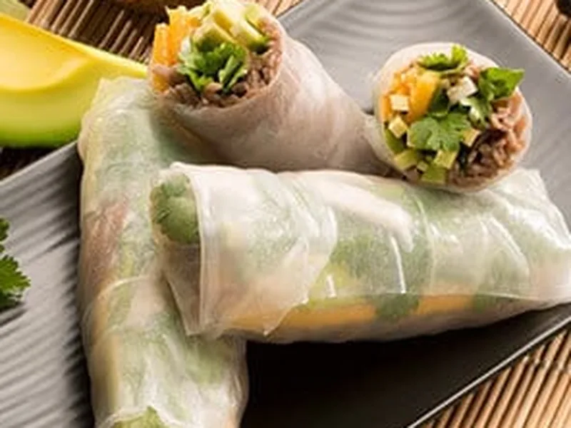 Fresh Avocado Mango Tofu Spring Rolls with Tamari Dipping Sauce