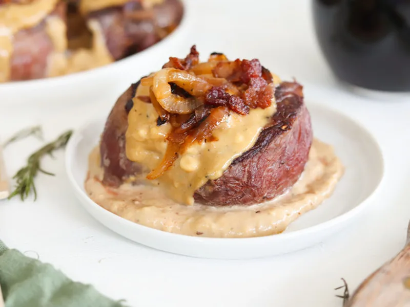Cast Iron Filet Mignon with Caramelized Onions and Blue Cheese